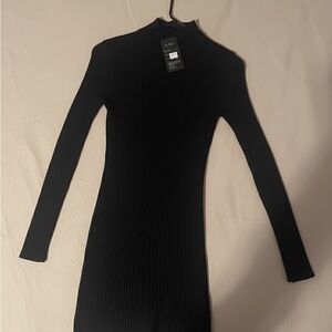 🔥Sale🔥 Chic Black Long Sleeve Ribbed Knee Dress